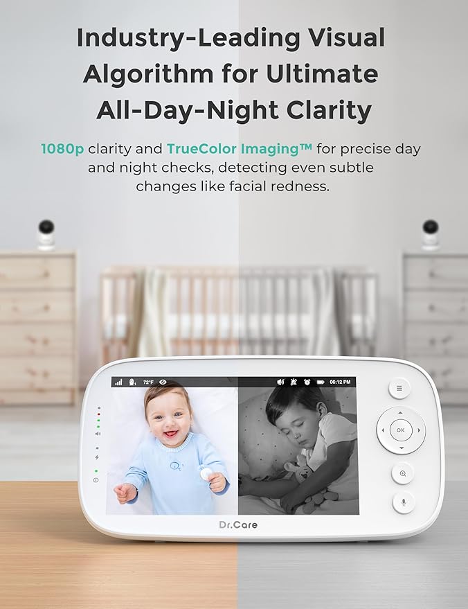 Dr.Care NovaView Video Baby Monitor - 5" 1080P Split Screen Display, 5000mAh Battery, Clear Night Vision, Real-Time/VOX, 2X/4X Zoom, 1000ft Range, 2-Way Audio, Pan & Tilt, No WiFi Baby Camera