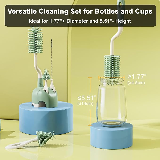 Silicone Bottle Brush Set with Stand, 360° Rotating Bottle Cleaning Brush Cleaner Set, Long Handle 3 in 1 Multipurpose Silicone Baby Bottle Straw Cleaner Brush (Green)