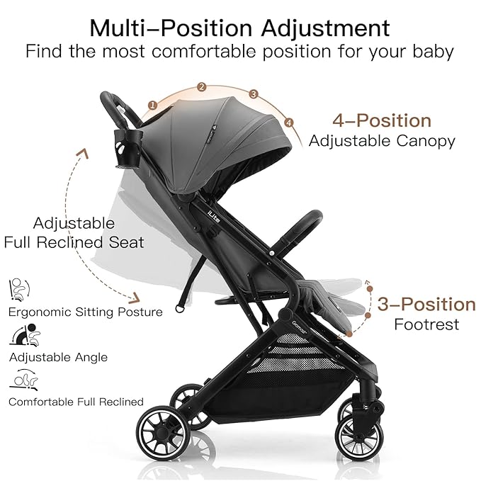 Compact Fold Baby Stroller, Lightweight Travel Toddler Stroller with One-Click Fold, Extendable UPF50+ Canopy, Cup Holder, UV Protected and Waterproof, One-Hand Folding - Gray