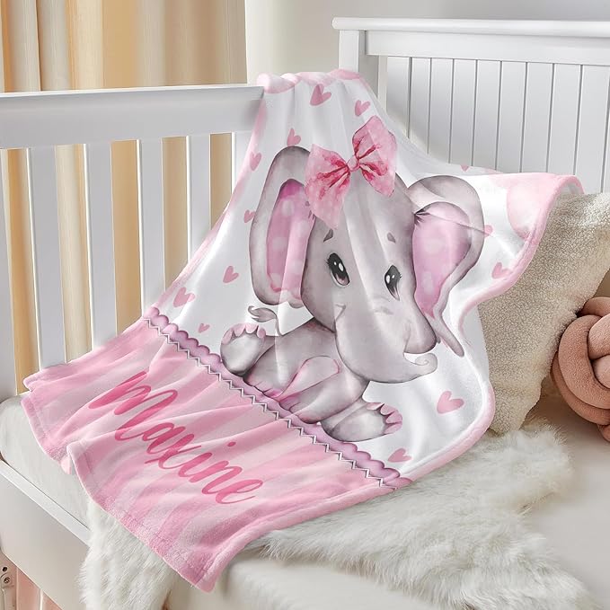 Personalized Baby Blanket for Girls, Custom Baby Blanket with Name, Soft Cozy Personalized Name Blankets for Kids, Customized Elephant Blanket for Infant Toddler Birthday Christmas