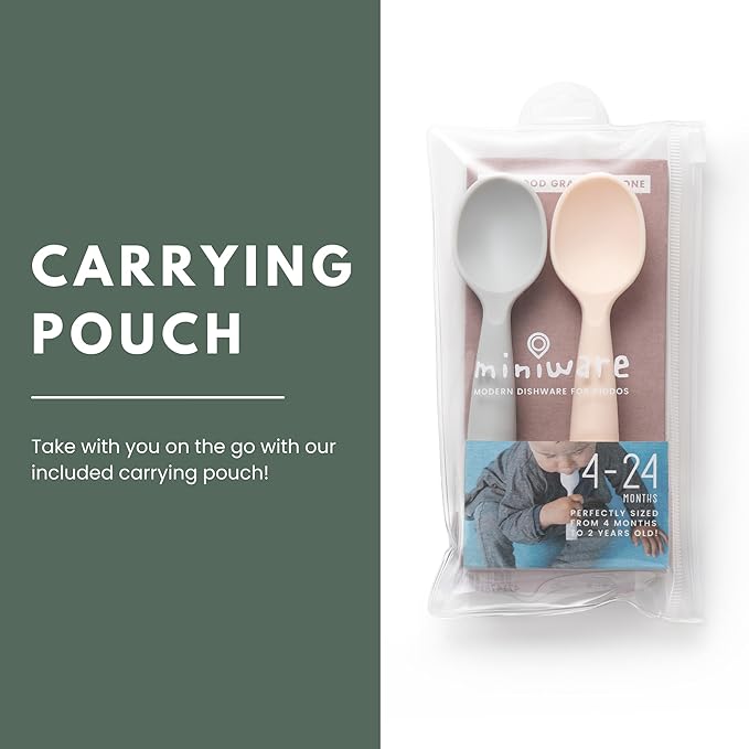 Miniware Silicone Baby Spoon for Training - BPA Free Baby Utensils - Baby Spoons Self Feeding 6 Months | 100% Food Grade Silicone - Modern & Dishwasher Safe Toddler Spoons (Grey and Peach)