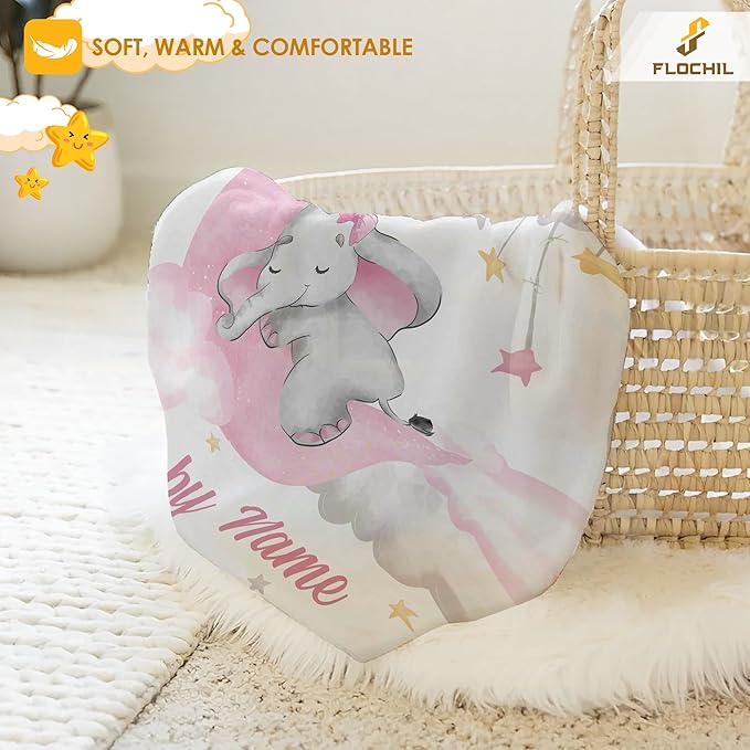 FLOCHIL Personalized Baby Blankets, Custom Baby Blanket - Baby Blanket with Name for Girls, Best Gift for Newborn Elephants Plush Fleece (30x40)