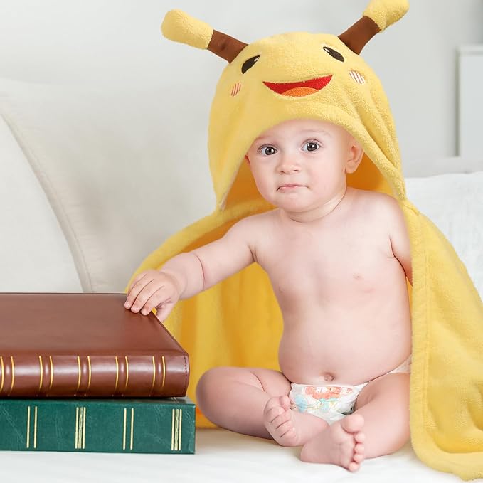 Hooded Toddler Bath Towels, 2 Pack Thick Towel for Kids with Animal Hood, Extra Large 50 x 32 inch for Baby 0-6 Years, Soft Absorbent Coral Fleece for Boys & Girls, Pink Ribbit & Yellow Bee