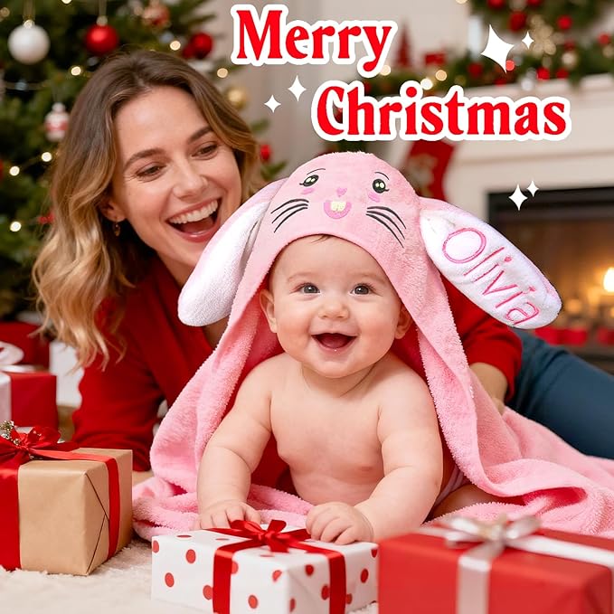 Custom Hooded Bath Towel with Name, Personalized Highly Absorbent Bunny Towels, Baby Bath Towels for Girls Boys, Christmas Brithday Shower Gifts for Baby, Toddler, Newborn (Pink)