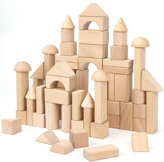 Wooden Building Blocks Set, 80 PCS Natural Wood Stacking Block Toy with Carrying Bag, Montessori Learning Birthday Gifts for 3 4 5 Year Olds Toddlers Kids Boys Girls Children