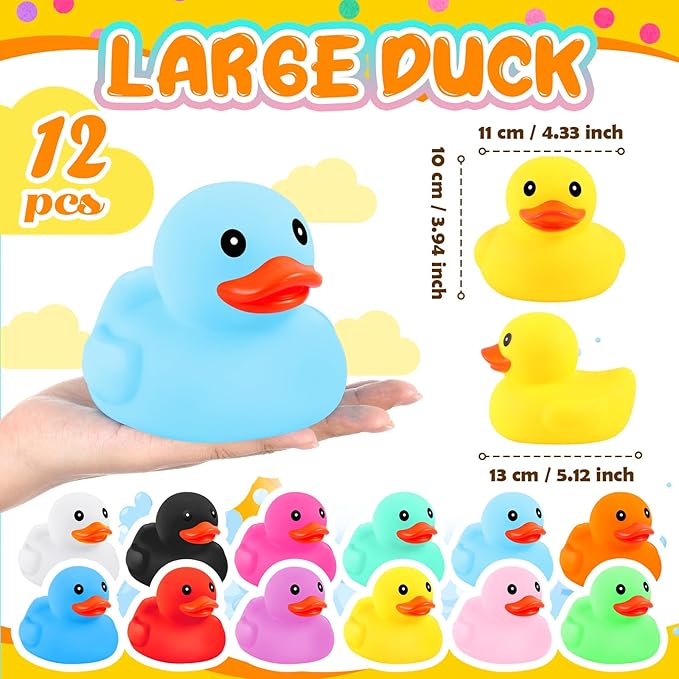Lenwen 12 Pcs 5 Inch Rubber Ducks No Hole Waterproof Multicolor Large Duck Bath Toy with Sealed Plug Without Hole Bathtub Floating Bath Duck for Birthday Party Decoration Gift Swimming Pool