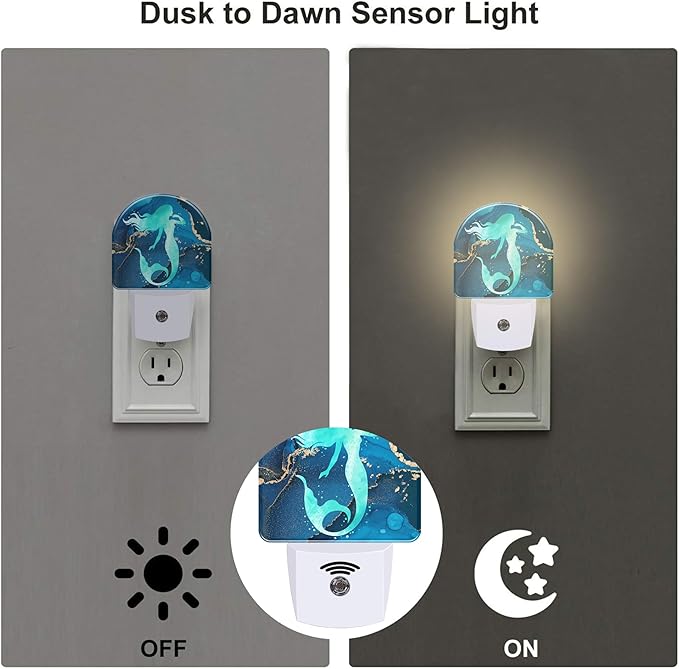 Watercolor Turquoise Mermaid Night Light for Kids,Navy Blue Golden Marble Night Light Plug in with Dusk to Dawn Sensor,0.5w Energy Saving Nightlight for Hallway Stairway Kitchen Bedroom