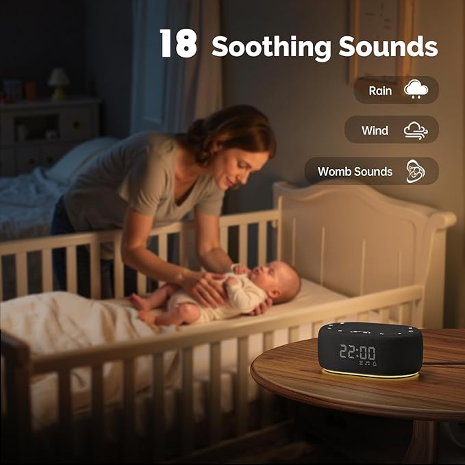 1Mii White Noise Sound Machine for Sleep, Pink Noise Machine for Baby Adults Sleeping, 18 Soothing Sounds with 7-Color Night Light, Timer, Alarm Clock, Volume Control, Remote App Control - Black