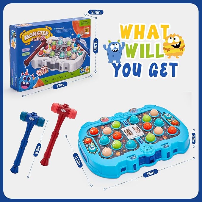 Whack a mole Game for 3 4 5 6+ Year Old Boys, Interactive Pounding Bench with 9 Speed Levels, Interactive Educational Toy with Sound and Light,PK Mode with 2 Hammers