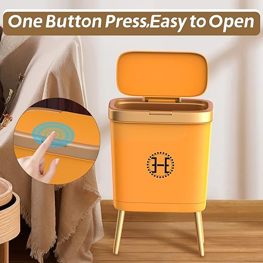 Bedroom Trash Can with Lid,Slim Bathroom Trash Cans with Lids, Dog Proof Trash Bin with Press Top Lid,Modern Gold Trash Can Plastic Waste Basket for Living Room, Office,Kitchen, 4 Gal-Orange