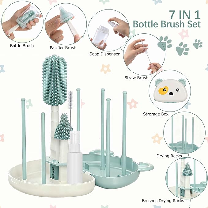 Baby Bottle Brush Set - 7 in1 Travel Bottle Cleaner Kit with Silicone Brush, Nipple Brush, Straw Brush, Bottle Drying Rack, Soap Dispenser, Storage Box, Baby Travel Essential Gift for Parents (Green)