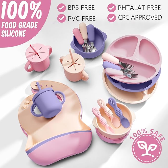 Yinder 24 Pack Silicone Baby Feeding Set Baby LED Weaning Supplies Includes Suction Divided Plates Soft Bowl Spoons Forks Adjustable Bib Snack Cup and Straws (Purple, Pink, Nude)