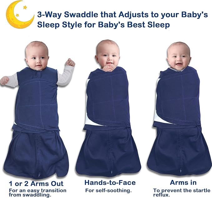 Baby Sleep sack Swaddle,Swaddles 3-6 Months,3-Way Adjustable Wearable Transition Blanket 100% Organic Cotton 2-Piece,12-18 lbs,1.0 TOG(Cyan&Navy Blue)