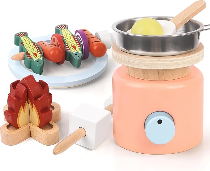 Wooden Campfire Playset – 25-Piece Kids S’Mores & Grill Pretend Camping Kitchen Toy, Glow-Look Fire, Skewers, Pan & Food, STEM Screen-Free Outdoor BBQ Gift for Boys & Girls Age 3+