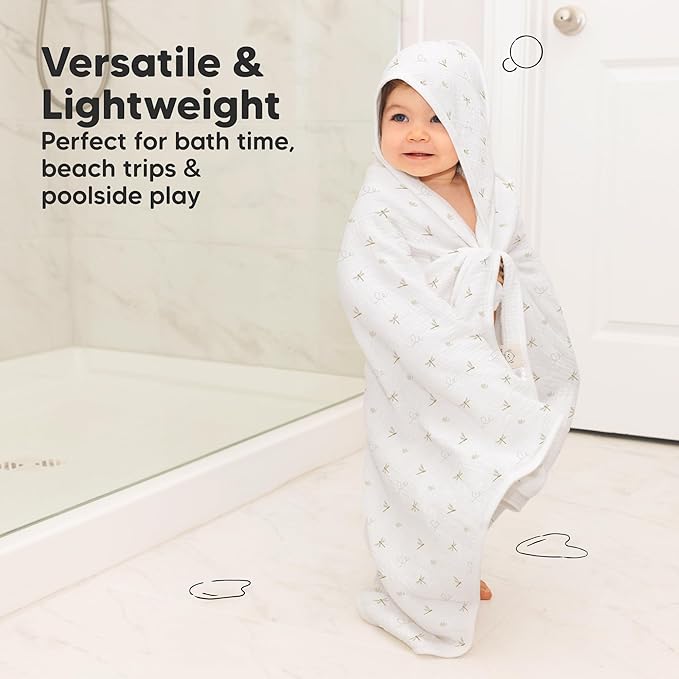 KeaBabies Muslin Baby Bath Towels with Hood for Girls, Boys -Large Organic Cotton Hooded Baby Towels for Newborns,Toddlers,Infant,Kids,Soft Absorbent Newborn Bath Essentials Gift Set(Meadow, Petite)
