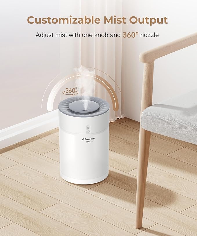 Abolee Humidifiers for Bedroom 4.5L Cool Mist with Essential Oil Diffuser, Humidifier Large Room, 24dB Quiet Air Humificador fit Baby Nursery & Plants, 360° Adjustable, Easy Fill & Cleaning (White)
