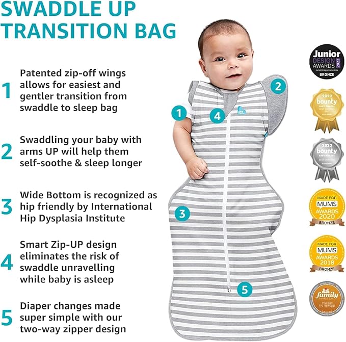 Love to Dream Swaddle Up Transition Bag, Medium (6-8.5kg), Ideal for 20-24°C, Patented Zip-Off Wings, Help Baby Transition from Being Swaddled to Arms-Free When Showing Signs of Rolling, Denim