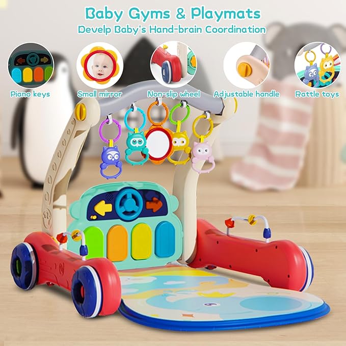 Baby Play Mat Gym, 2 in 1 Baby Walker Tummy Time Activity Mat with 5 Infant Sensory Toys, Music and Lights Floor Play Mat as Birthday Gift for 0-12 Months Boys Girls