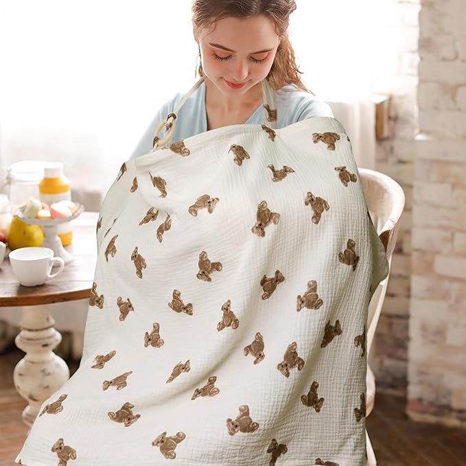 Muslin Nursing Cover for Baby Breastfeeding, Breathable 100% Cotton Breastfeeding Cover with Rigid Hoop for Mother Nursing Apron, Multi-use Carseat Canopy (Bear)
