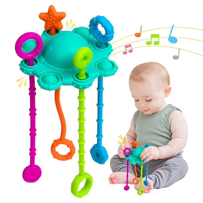 Montesorri-Toys - Montessori Pull String Toy - Made of 100% Food Grade Silicone with Built-in Rattle Function and Easy to Clean Design (Spearmint)