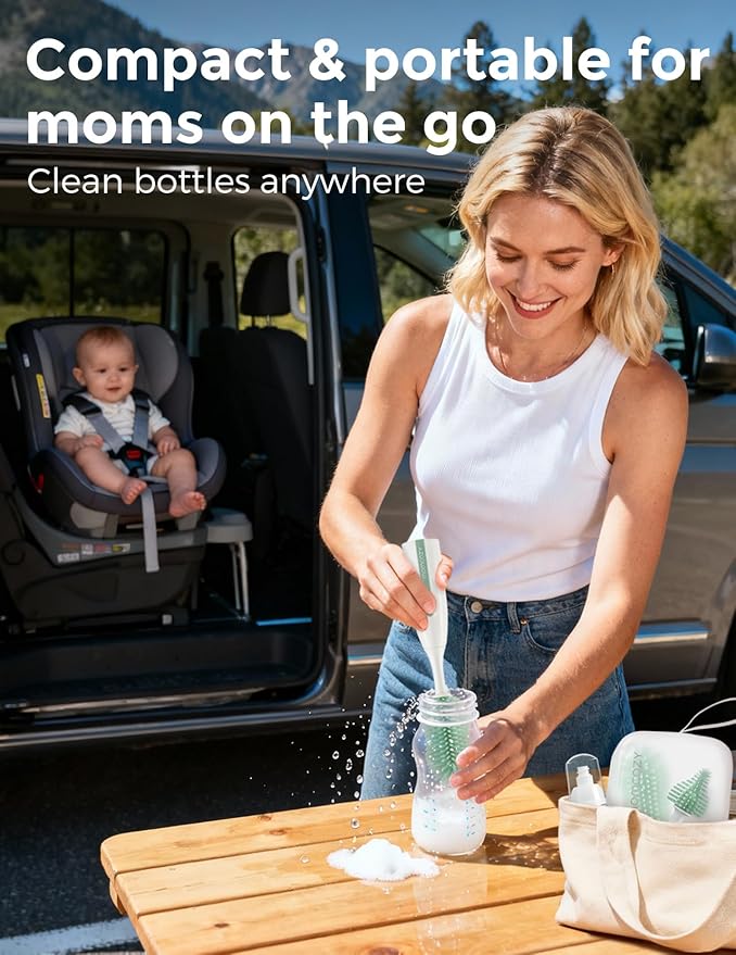 Momcozy Bottle Brush Kit Pro, Innovative Push-Press Design for Deep Cleaning - Bottle Cleaner Brush for Bottle/Breast Pumps/Nipple - Clog-Free Brush & Foam-Generating Design for Better Cleaning, Green