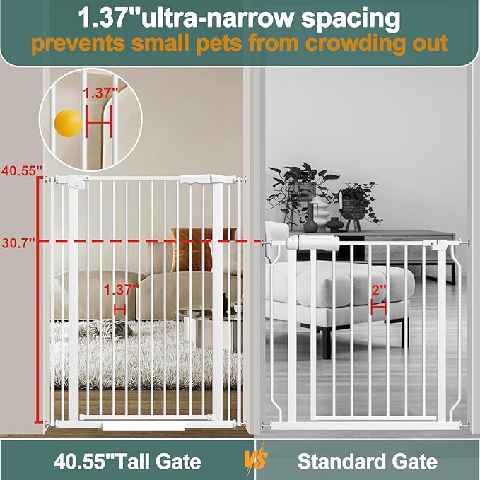 40.55" Tall 1.37" Ultra Narrow Spacing Dogs Pets Baby Gate for Doorway Hallway Safety Proof Indoor 45.86-53.74" Extra Wide Puppy Pressure Mounted No Drill Walk Through White Metal