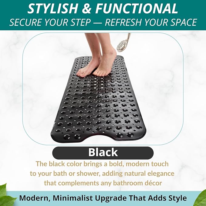 ENKOSI Bath Mat – 40 x 16 Inch Extra Long Non Slip Bathtub Mat – Anti Slip Black Shower Mat with Suction Cups – Bathroom Mat for Tub and Smooth Shower Floors (Black 40x16)