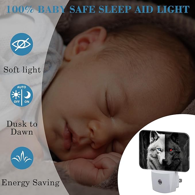 Black White Wolf Night Light for Kids Girls Boys, Red Blue Eyes Wolf LED Night Light Plug into Wall with Dusk to Dawn Sensor for Bedroom, Hallway, Kitchen, Bathroom, Stairs Decor