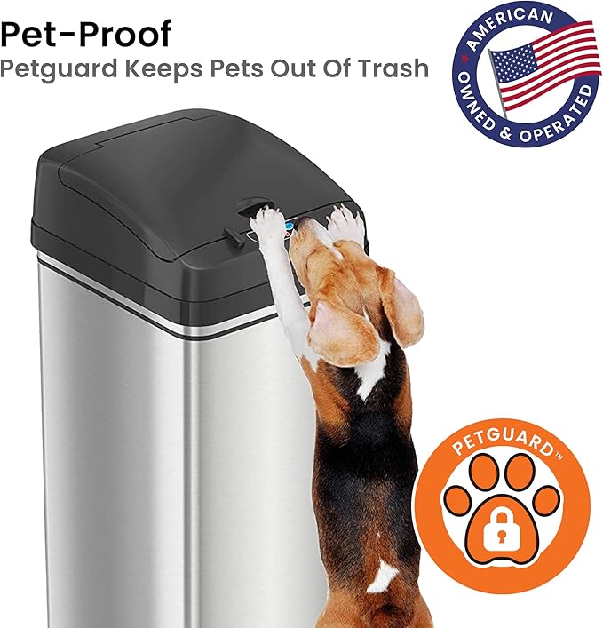 iTouchless 50 Liter / 13 Gallon Sensor 2.0 Dog-Proof Kitchen Trash Can with Lid Lock and AbsorbX Odor Filter, Touchless Lid, Stainless Steel Garbage Recycling Bin for Kitchen, Home, Office, Business