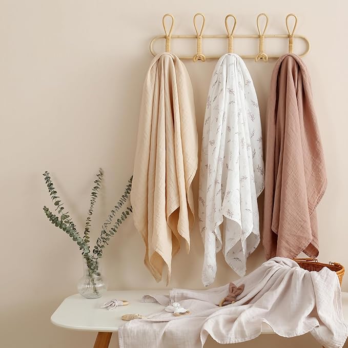 Muslin Swaddle Blankets for Boys and Girls, Soft Cotton Baby Swaddle Blankets for Unisex, 47 X 47 inches Muslin Swaddles, 4 Pack Leaves & Warmth Colors