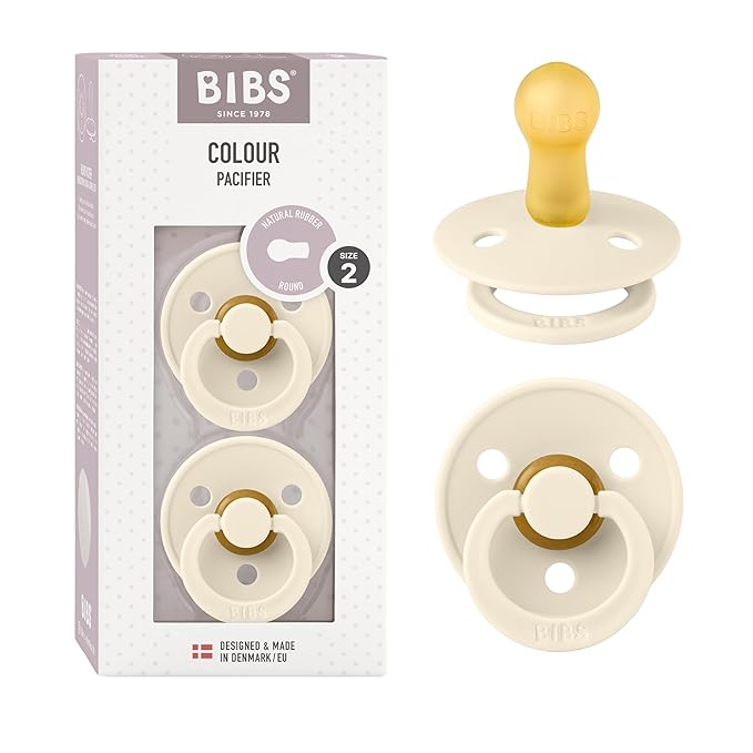 BIBS Pacifiers Colour Collection | Natural Rubber Baby Pacifier | Round Nipple | Set of 2 BPA-Free Soothers | Made in Denmark | 6+ Months (Pack of 2) | Ivory