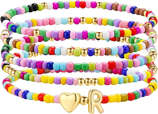 M MOOHAM Stocking Stuffers for Kids Girls Teen - 5PCS Colorful Beaded Initial Bracelets for Women Girls, Cute Stretch Heart Letter Bohemian Stackable Bracelet Birthday Gifts Jewelry for Kids Teen Girl