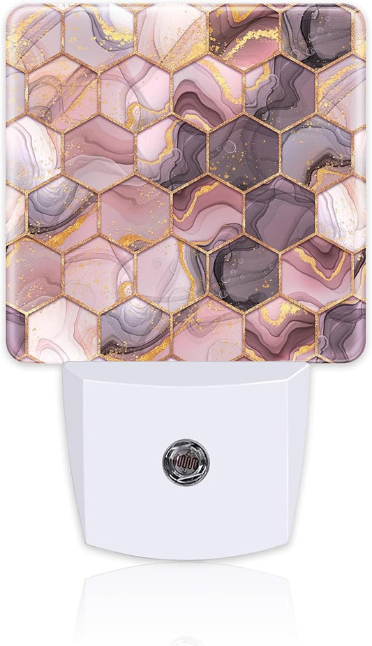 Pink Golden Ink Hexagon Night Light, Abstract Fluid Marble Dusk to Dawn Night Light Plug in,0.5w Energy Saving Sleep Friendly NightLight for Kids Boys Girls Home Decor