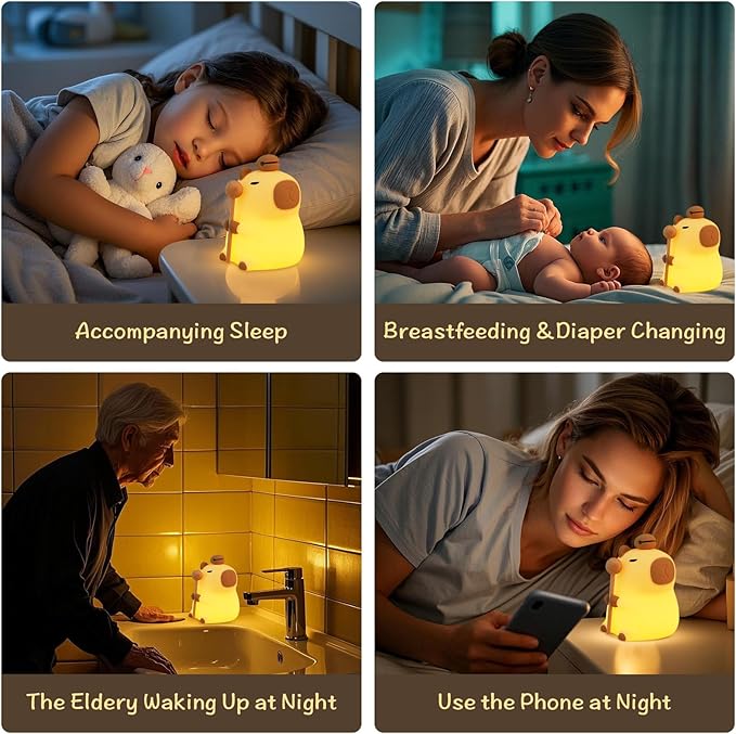 Capybara Night Light, Nursery Lamp, 7-Color RGB & 3-Level Warm Dimmable, Tap Control, 30Min Timer, 100% Safe &Soft Silicone, Adorable, Soothing Ambiance, Gift for Kids, Zen, Wooden Fish