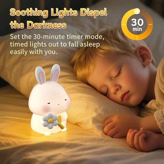 Bunny Night Light for Kids, Cute Rabbit Soft Silicone Lamp, Baby Nursery Nightlight, Touch Dimmable, 1200mah Battery, Kawaii Stuff Home Decor, Christmas Holiday Gift for Girl,Boy,Toddler