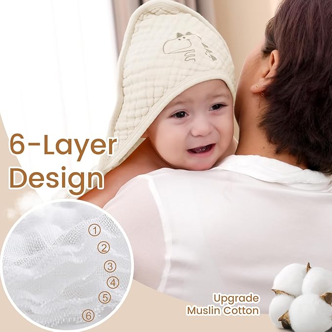 david's kids 2 Pack Hooded Baby Towels, Large 32"x32", 6 Layer 100% Muslin Cotton Highly Absorbent Boy Bath Towel for Newborn, Infant and Toddler, Soft and Breathable Baby Essentials, Dinosaur Story