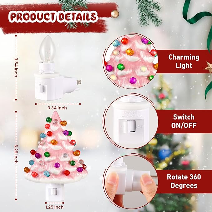 Tfro & Cile Ceramic Christmas Tree Night Light 2 Pack Xmas Decorative Tree Lamp Small Vintage Light Up Bathroom Decor with On/Off Switch for Home Bedroom