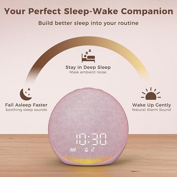 Sound Machine Alarm Clock for Bedroom: 25 Natural Sleep Sounds - White Noise Machine for Adults Kids Baby - Gentle Wake Up Alarm with Bluetooth Speaker - Pink