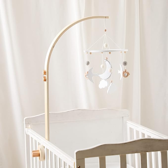 Wooden Crib Mobile Arm | Baby Crib Mobile Arm Wooden Holder | Rotatable Adjustable Anti Slip Attachment Clamp for Sturdy Mobile Hanger (Curved Arm)