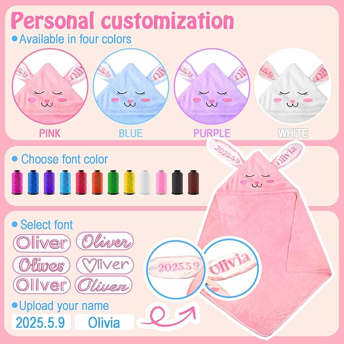 Custom Hooded Baby Towel with Name, Personalized Soft Absorbent Bunny Bath Towel, Shower Towels for Girls Boys, Easter Brithday for Baby, Toddler, Newborn Essential