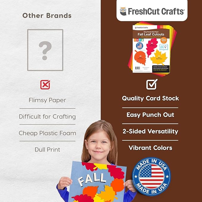 120 Pieces Fall Leaf Paper Cutouts with IDEA Guide, 2-Sided US Made Card Stock Punch Out Maple, Oak, and Birch Leaves for Bulletin Boards, Classroom Decor, Autumn Crafts, DIY Scrapbook, and Posters