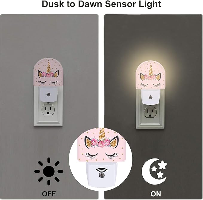 Glitter Unicorn with Flowers Night Light for Kids,Beautiful Unicorn Eyelash Night Light Plug in with Dusk to Dawn Sensor,0.5w Energy Saving Nightlight for Hallway Stairway Kitchen Bedroom