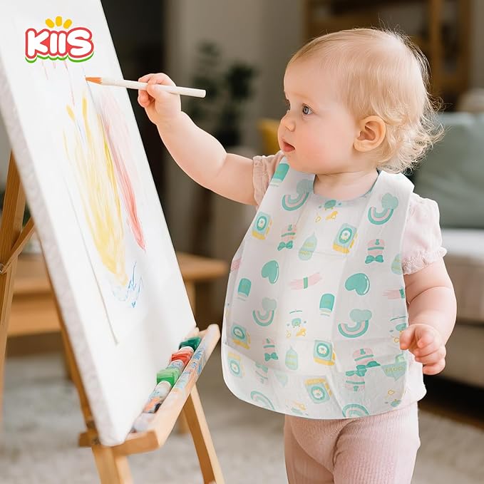 KIIS Disposable Baby Bibs for Travel - Waterproof Baby Smock Bibs for Eating, Toddlers & Kids - Travel & Daycare Essentials