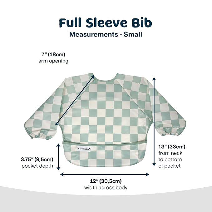 Tiny Twinkle Long Sleeve Bib for Babies & Toddlers – Waterproof Smock Bib for Eating – Machine Washable & Mess-Proof, Baby Feeding Essential & Shower Must-Have(Checkers Sage, 6–24M)