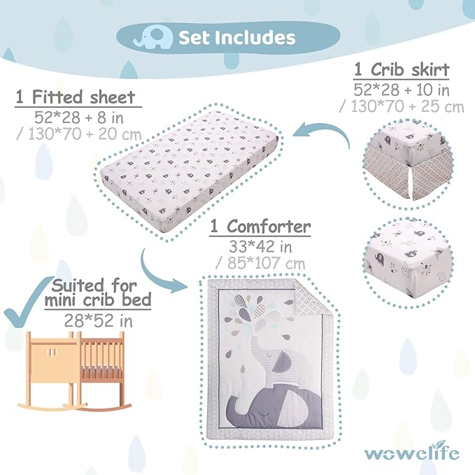 Wowelife Elephant Crib Bedding Set for Boys, Premium 3-Piece Baby Bedding Set, Elephant, Gray Crib Bed Sets, Newborn, Infant, Nursery Bed Set with Crib Sheet, Ruffle Comforter