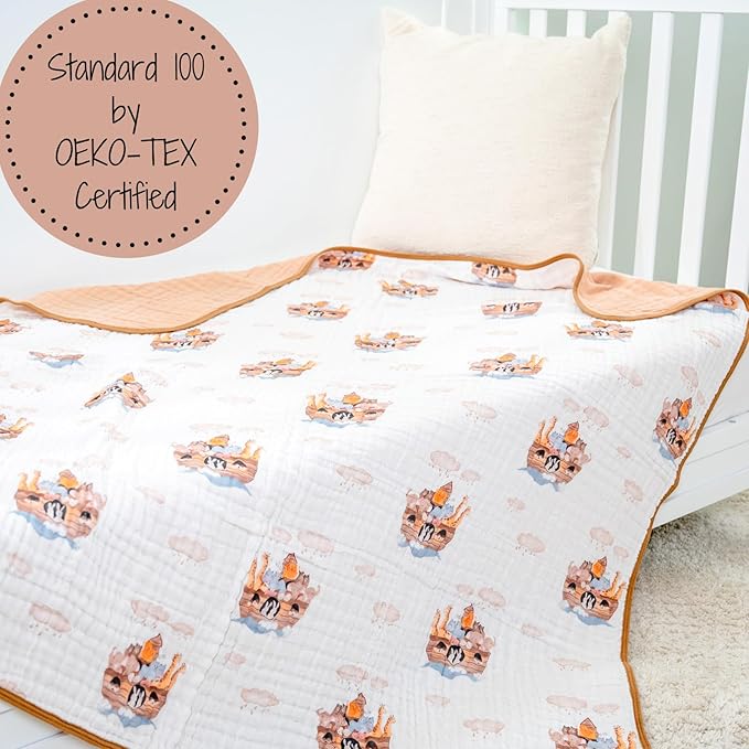 LollyBanks Muslin Baby Blanket 100% Organic Cotton, Muslin Quilt Lightweight, 6 Layers Baby Blankets 47"x 47", Toddler Blanket for Boy and Girl, Nursery Receiving Blankets (Noah's Ark Pattern)