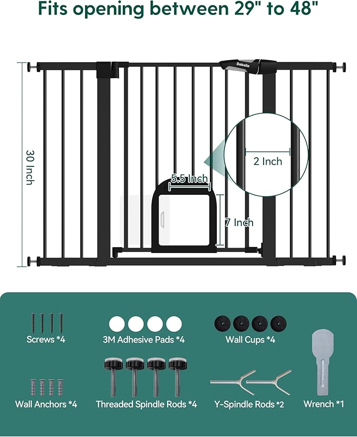 Babelio Upgraded Baby Gate with Cat Door, Auto Close Durable Dog Gate for Stairs, Doorways and House, Easy Walk Thru Safety Gate with Pet Door Includes 4 Wall Cups, 29-48" Wide, 30" Tall, Black