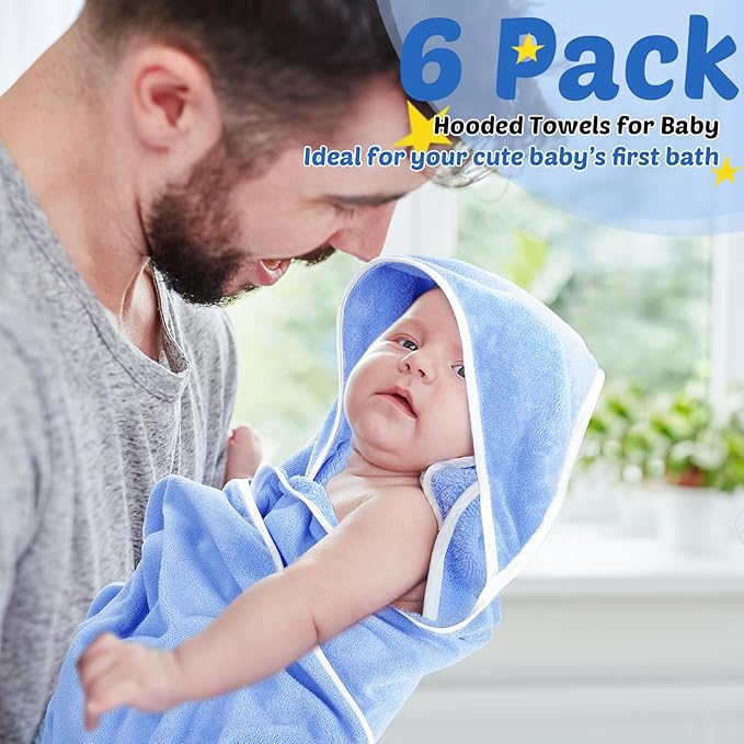 Chumia 6 Pack Baby Bath Towel Coral Fleece Soft Absorbent Newborn Hooded Towel for Kid 30 x 30 Inch Toddler Bath Blanket for Babies Infant Shower Gift(Blue)