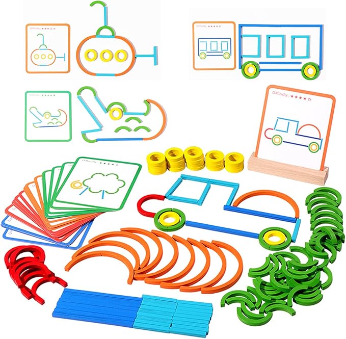 142pcs Wooden Pattern Blocks Shape Puzzles Sticks & Rings Wooden Tangram Puzzle Stem Preschool Brain Teaser Montessori Toys Gift for 3 4 5 Years Old Activity Kids Boy Girl