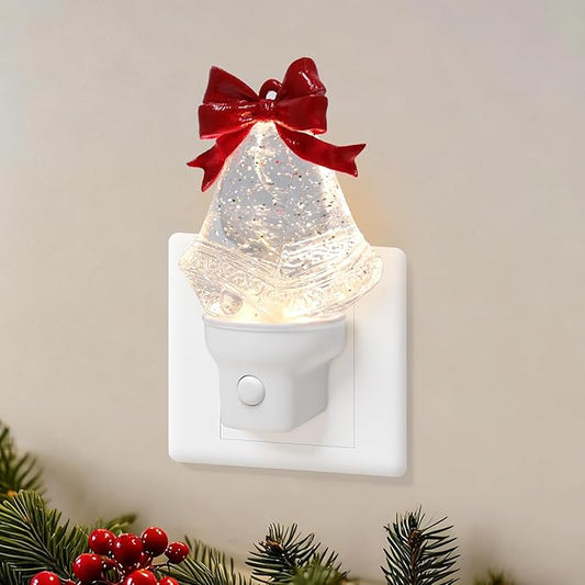 Christmas Bell Night Light Plug into Wall Glitter Water Nightlight with USB/Outlet Options, Christmas Decorative Nightlight for Bedroom Kitchen Nursery Hallway Holiday Decorations Gifts (Bell)